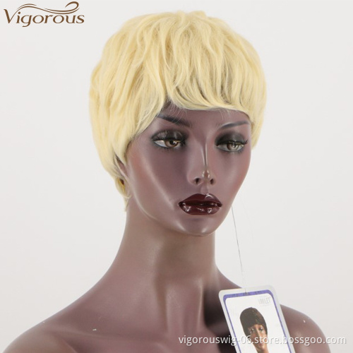 Vigorous synthetic hair fiber wigs glueless perruque machine made pixie cut short blonde curls hair for black women